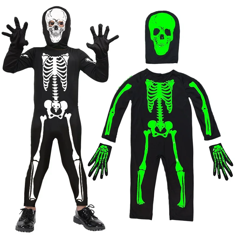 Terrifying Halloween Horror Hooded Costume Terrifying Reaper Costume Printed Skeleton Long Sleeved Jumpsuit Carnival Party view 3