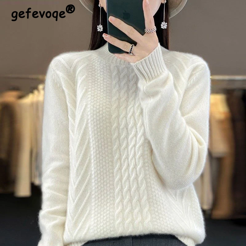 Autumn and Winter Women Half High Collar Twist Thick Warm Soft Cashmere Sweater Female Long Sleeve Loose Basic Knitted Pullovers