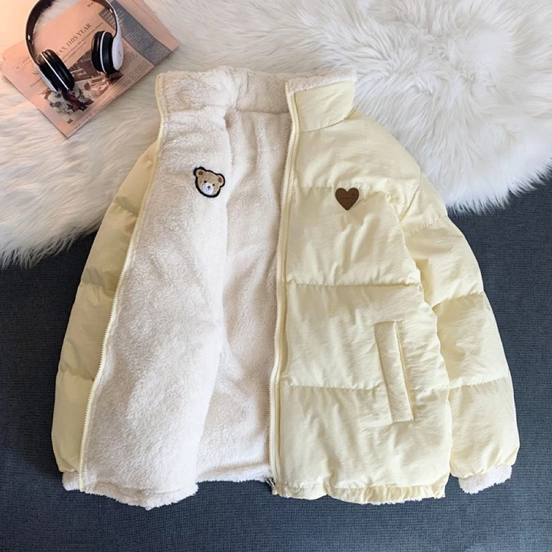 Cute Embroidery Women Parkas Coat Winter Thick Hairy Korean Loose Warm Jacket For Women Double Sided Design Pink Student Clothes