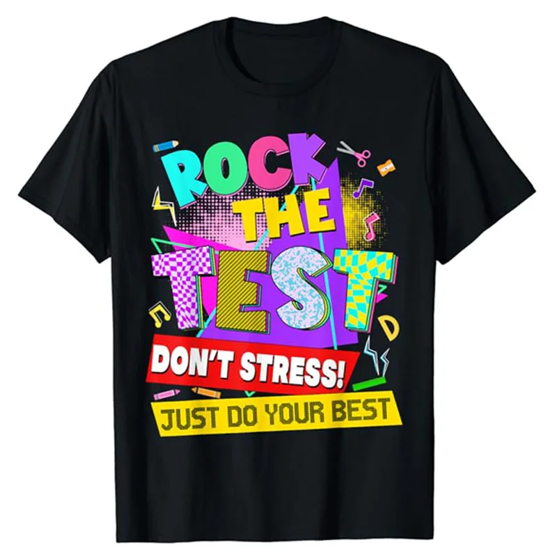 

Rock The Test Dont Stress Testing Day Teachers Students T-Shirt Women's Fashion Graphic Tees Mama Wife Gift Short Sleeve Blouses