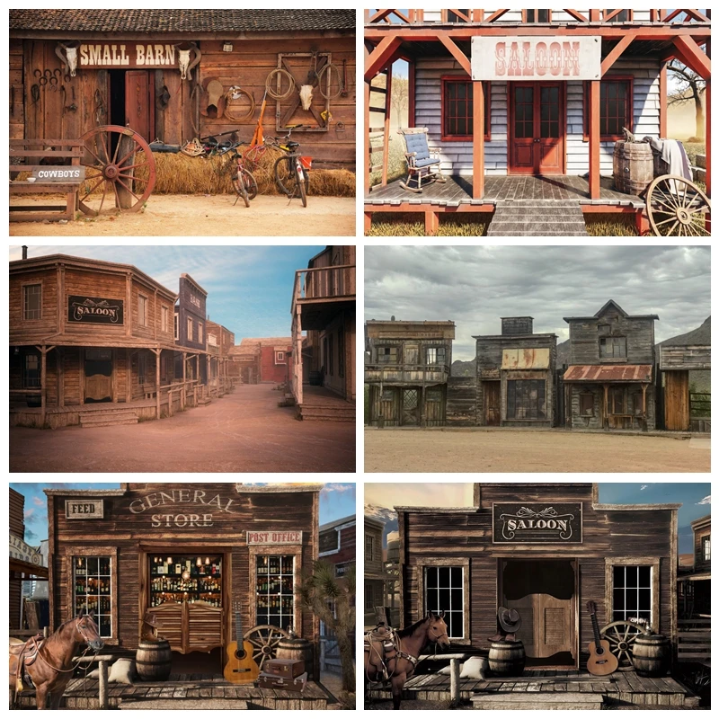 

Western Cowboy Scenic Backdrop West Cowboy City Town Saloon Wooden House Barn Door Travel Baby Portrait Photography Background