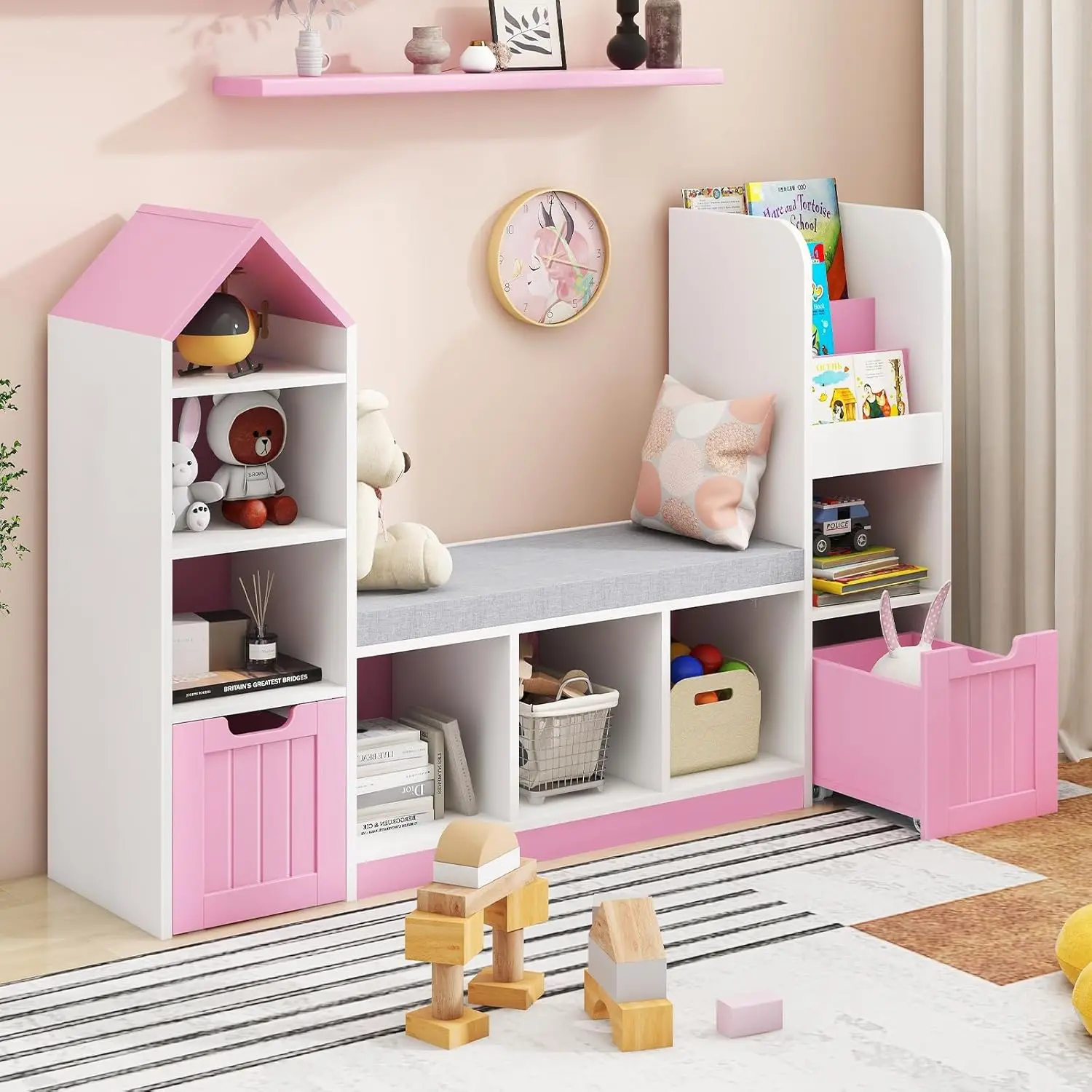 

Kids Toy Storage Organizer with Reading Nook, 7 Cubbies & 2 Drawers, Pink Bookcase for Books and Toys