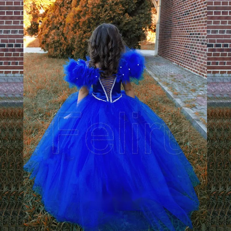 Plus Size 0-16Y Royal Blue Tulle Flower Girl Dress Beads Birthday Baby Wedding Party Gowns First Comunion Customes