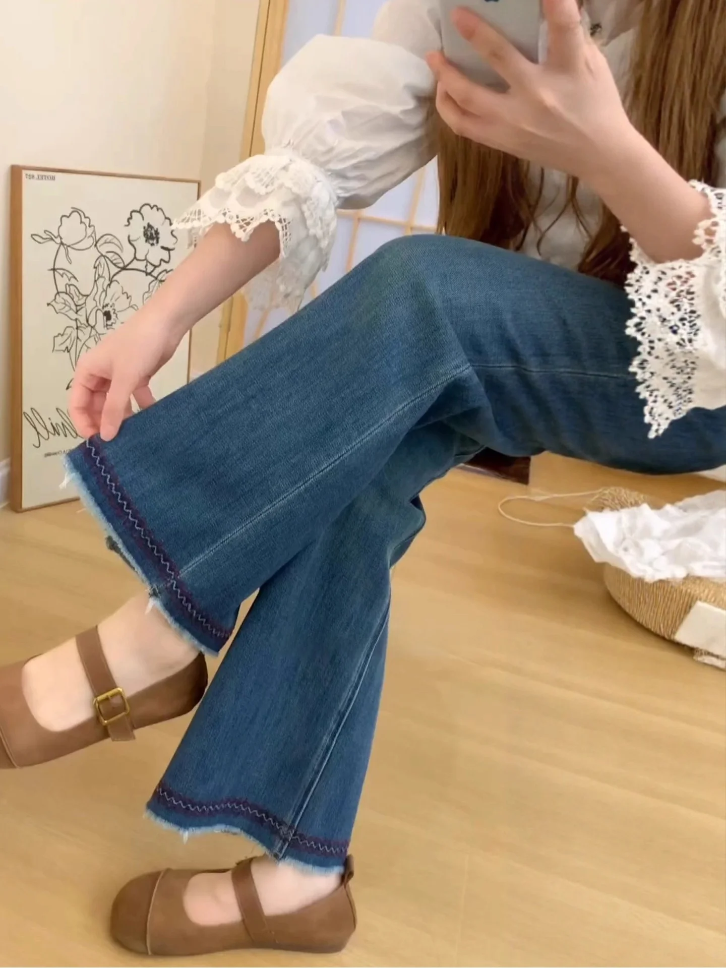 

Джинсы женские с высокой талией, прямые, больших размеров, рваные, повседневные, облегающие, длиной 7/8, осенние, новинка, для полных женщин