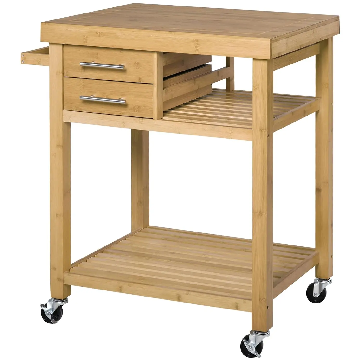 Bamboo Kitchen Island Cart With 2 Drawers & Wheels, Mobile Storage Trolley, Customized