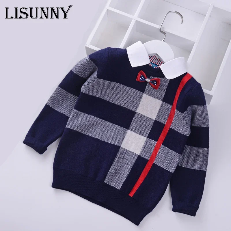 2024 Shirt collar Boys Sweaters Baby stripe Plaid Pullover Knit Kids Clothes Autumn Winter New Children Sweaters Boy Clothing