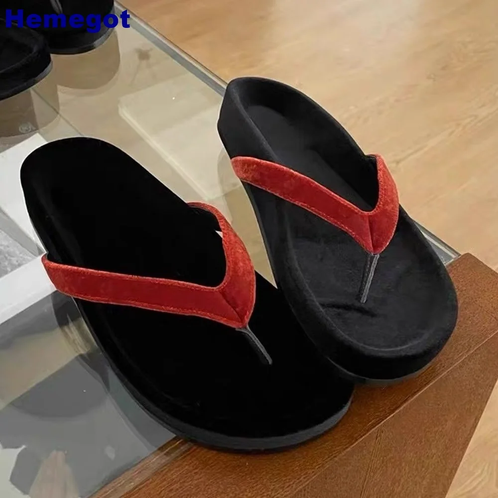 

Thick Sole Velvet Outdoor Flip-Flops 2024 Summer New Casual Beach Vacation Slippers Slip On Retro Women Blue/red Slippers