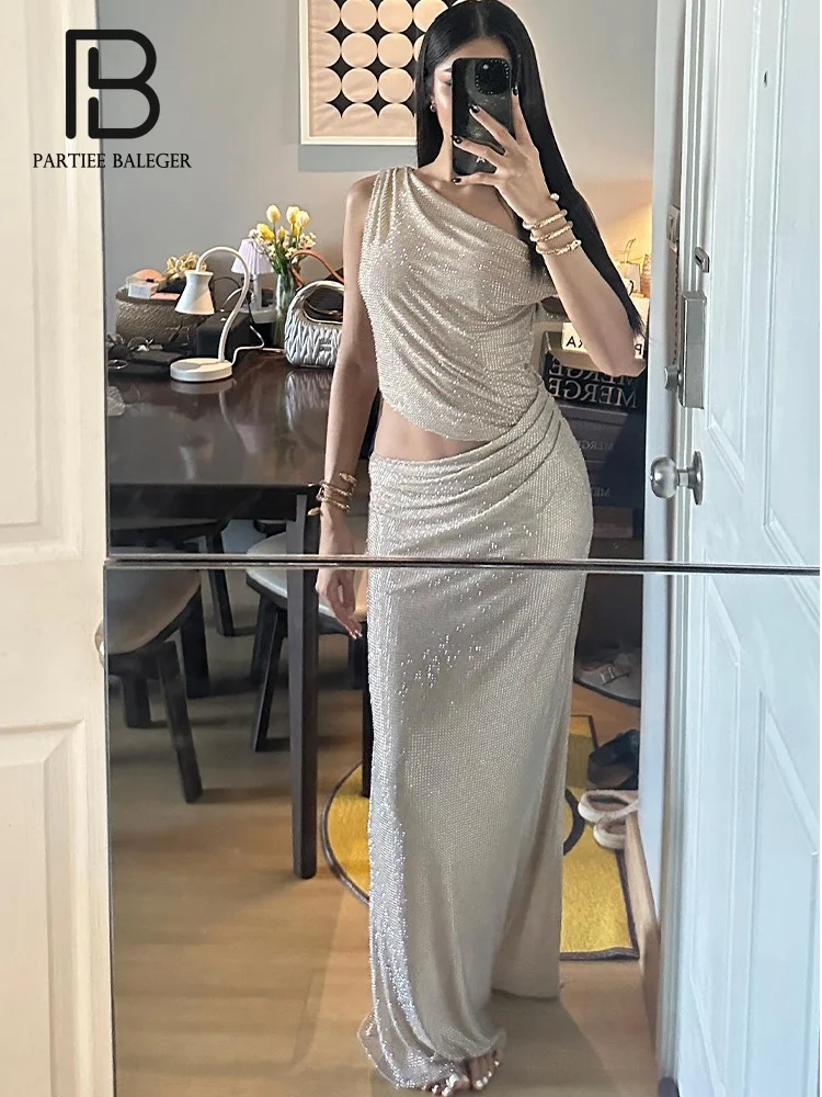 

PB Glamorous Blue One-Shoulder Cut-Out Sequin Long Dress Elegant Sleeveless Mesh Party Formal Event Celebrity Evening Wear