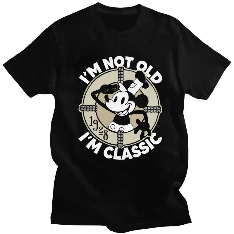 Men's Mickey Mouse Steamboat Willie T Shirt Short Sleeved Cotton Tshirts Fashion T-shirt Summer Tee Loose Fit Apparel