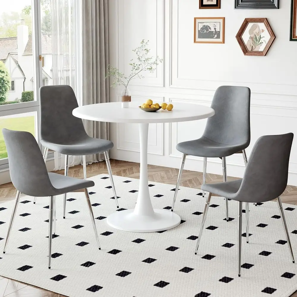 4-Piece White Tulip Table with Grey Velvet Chairs, Modern Dining Set for Small Spaces