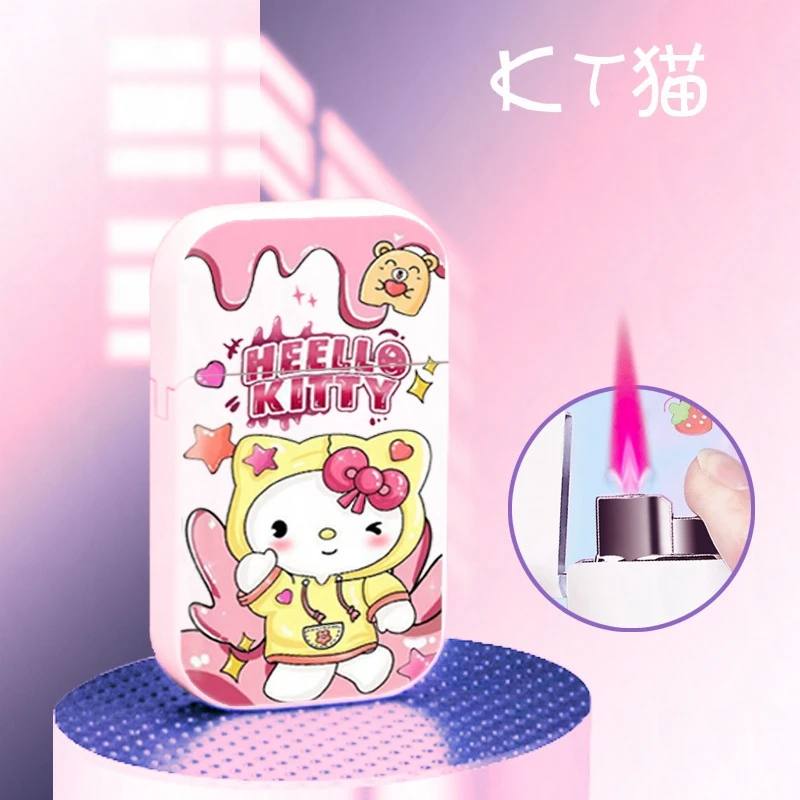 INS Sanrio Cartoon Pink Flame Windproof Melody Kuromi Hello Kitty Lighters High Beauty Cute Creative Couple Bar Cigar Lighter