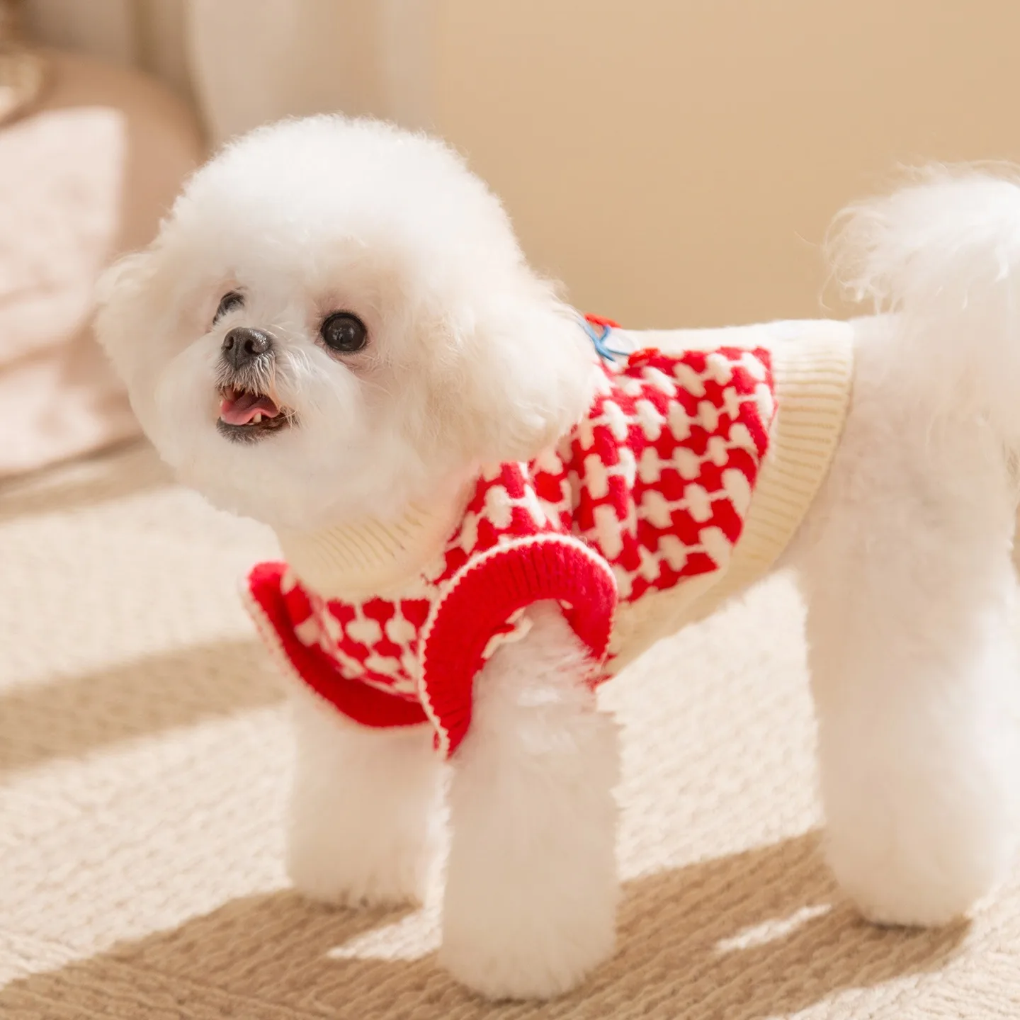 Cute Cherry Pet Sweater Autumn/Winter Collection Teddy Clothes Schnauzer Check Knit Jumper Small Dog Warm Clothing