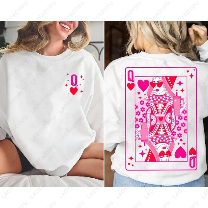 

Queen of Hearts День святого Валентина Симпатичные мужские и женские футболки Красный и розовый сублимационный дизайн Модная хлопковая футболка для взрослых Kawaii Белые топы