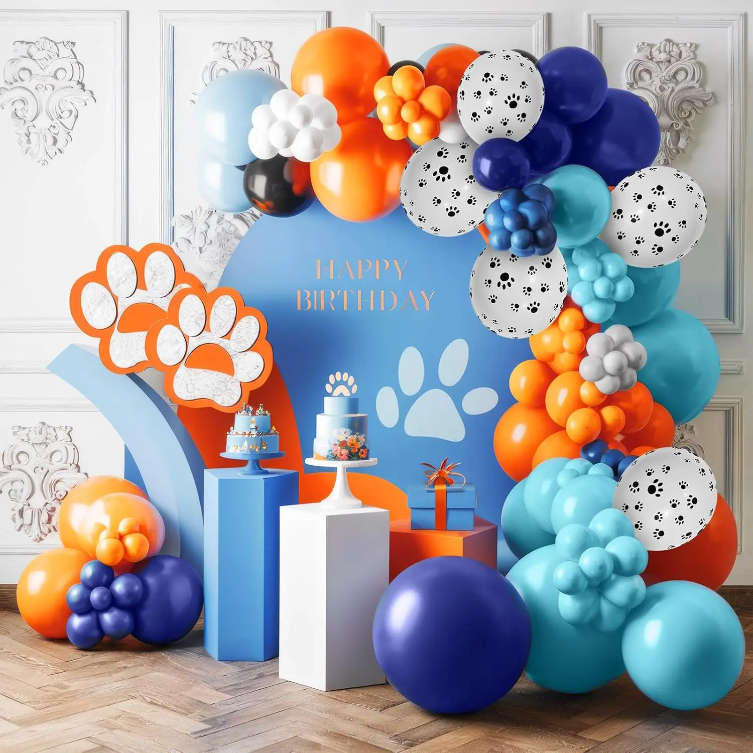 مجموعة إكليل بالونات باللون البرتقالي والأزرق والبيج، مع بالونات مطبوعة بمخلب الكلب، مناسبة لتزيين حفلات أعياد الميلاد على شكل جرو #4