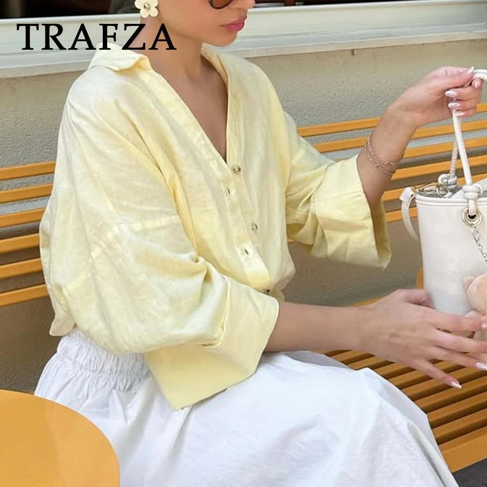 

TRAFZA Chic Yellow Woman Summer Casual Loose Shirts Single Breasted Flare Sleeve Oversized Shirt Fashion 2025 Summer Y2K Blouse