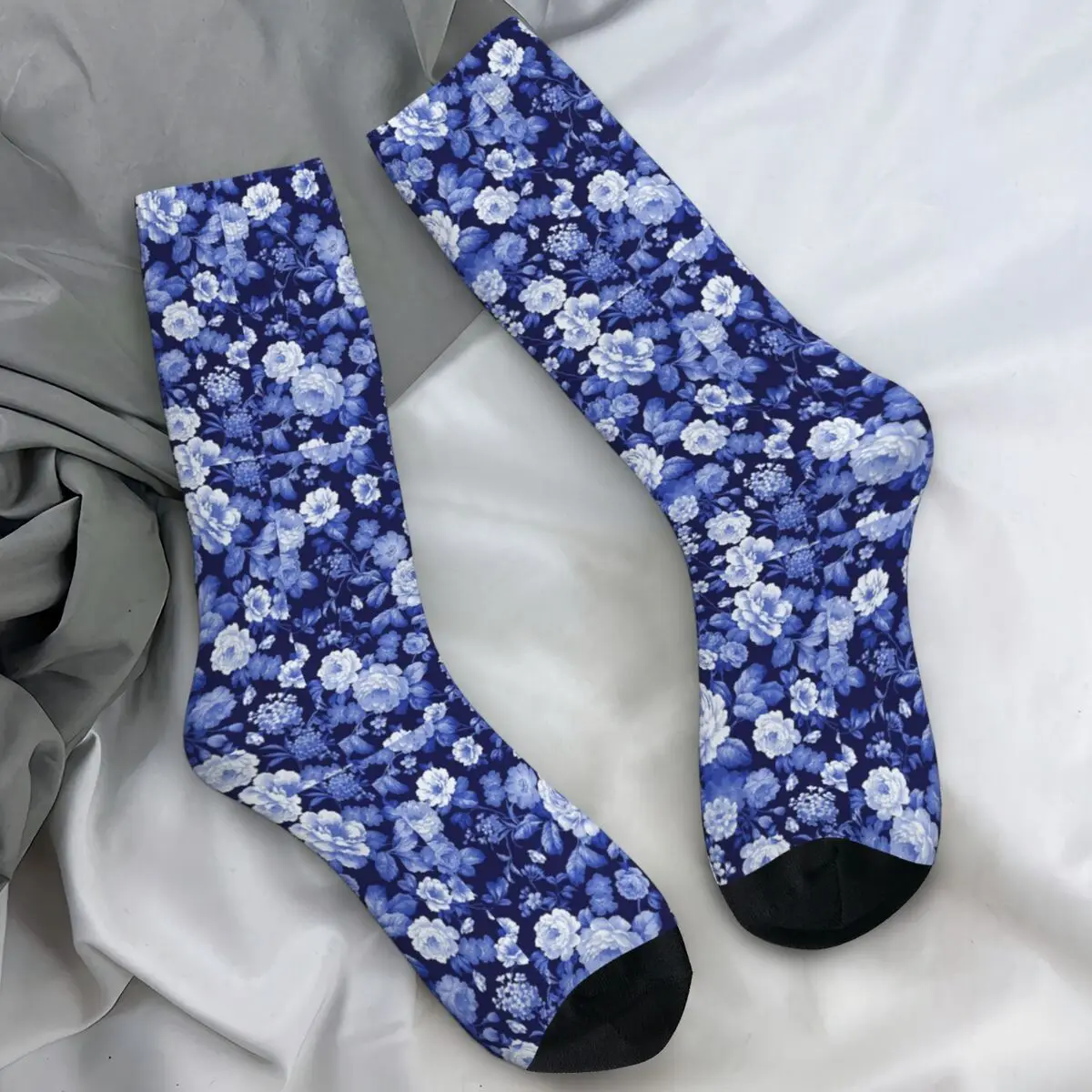 

Синие носки с большими цветами, летние богемные готические чулки с цветочным принтом, осенние спортивные мужские носки, дышащие спортивные носки для бега