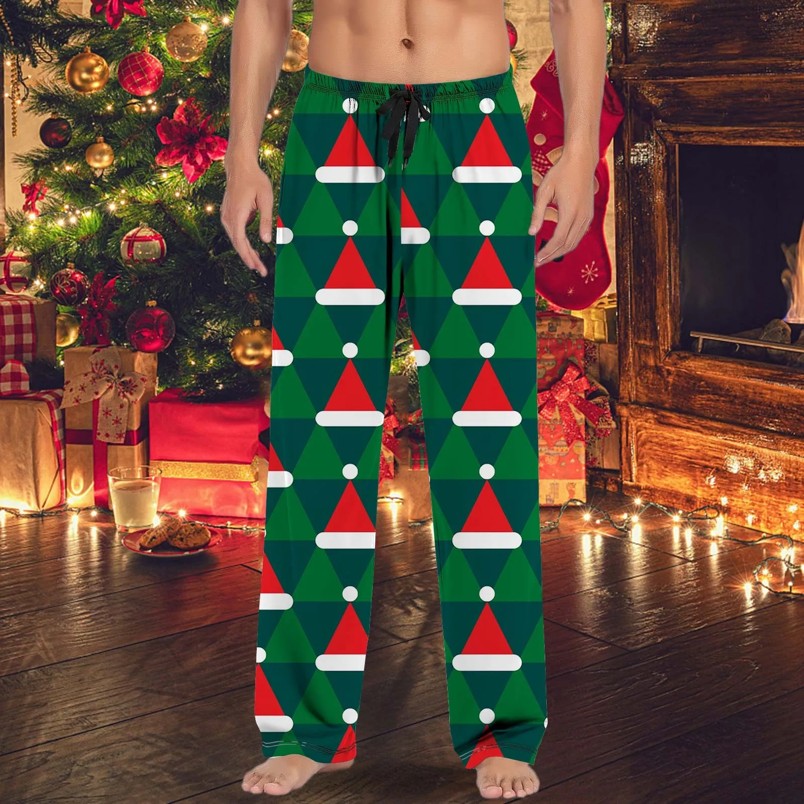 Christmas Reindeer Printed Men Casual Pajama Pants With Drawstring Pockets Christmas Gift Men Straight Loose Sleepwear Trousers