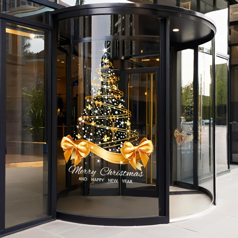 1pc Golden Christmas Tree Stickers Reusable Vinyl Decals Xmas Window Clings Holiday Decor for Home Party New Year Decorations