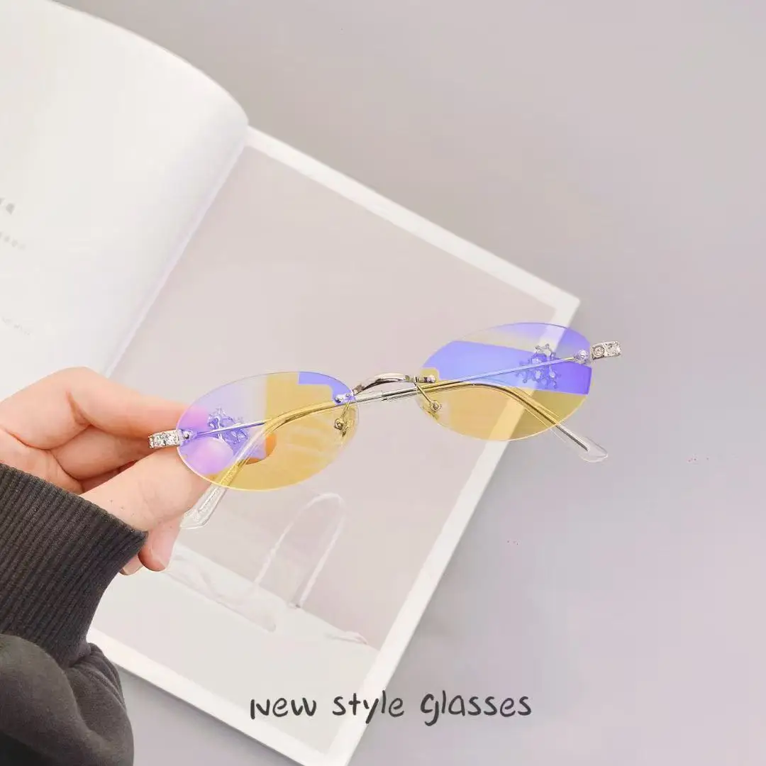 

New jewelry series oval diamond-set frameless plain glasses women's high intelligence decorative glasses