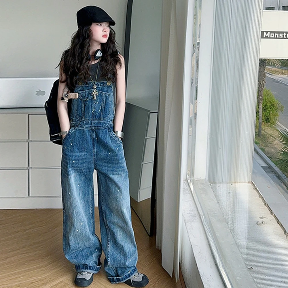 

Teenager Girls Denim Overalls Tween Girls Paint-Splatter Design Overalls Kids Casual One-Piece Trousers Toddle Pants Size 4-14Y