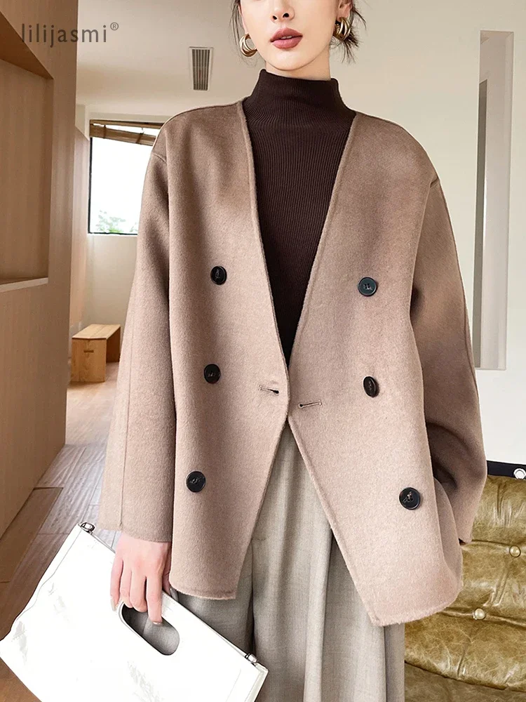 

Women 100 Wool Tops Coat Fashion V-neck Short Coats Woolen Jacket Hand Sewing Autumn Winter Wool Blazer Double-Breasted #18