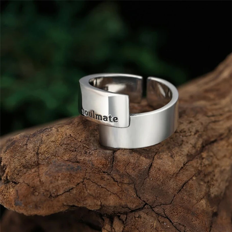 Geometric Smooth Letters Soul Mate 925 Sterling Silver Fine Female Resizable Opening Rings RI651