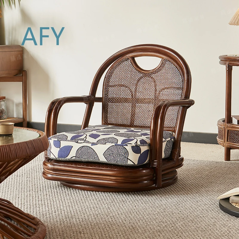 Handwoven Wicker Tea Chair for Southeast Asian Homestay Low Seat Cushion Armrest for Living Room Bedroom Balcony Indoor