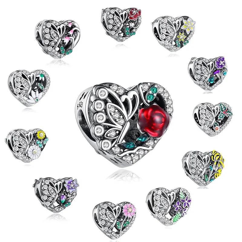 Silver 925 Heart Beads Charms Original 12 Months Flowers Bead Fit Original Bracelet Sweet Charm Diy Fine Jewelry Gift for Women