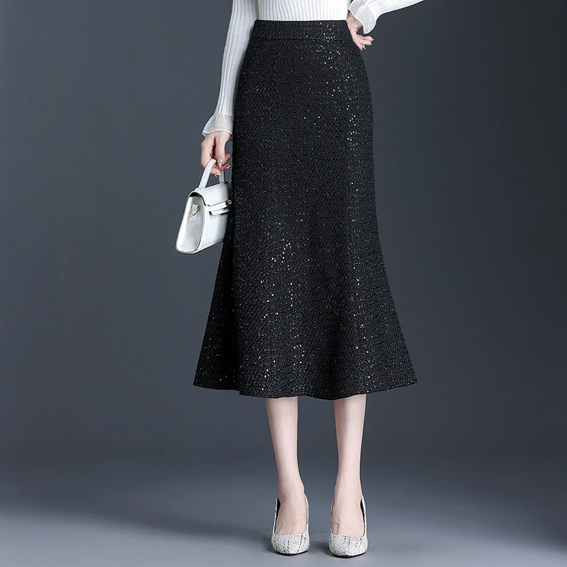 

Autumn Winter All-match Black Long Mermaid Skirt High Waist Ruffles Mermaid Black Skirt Slim Female