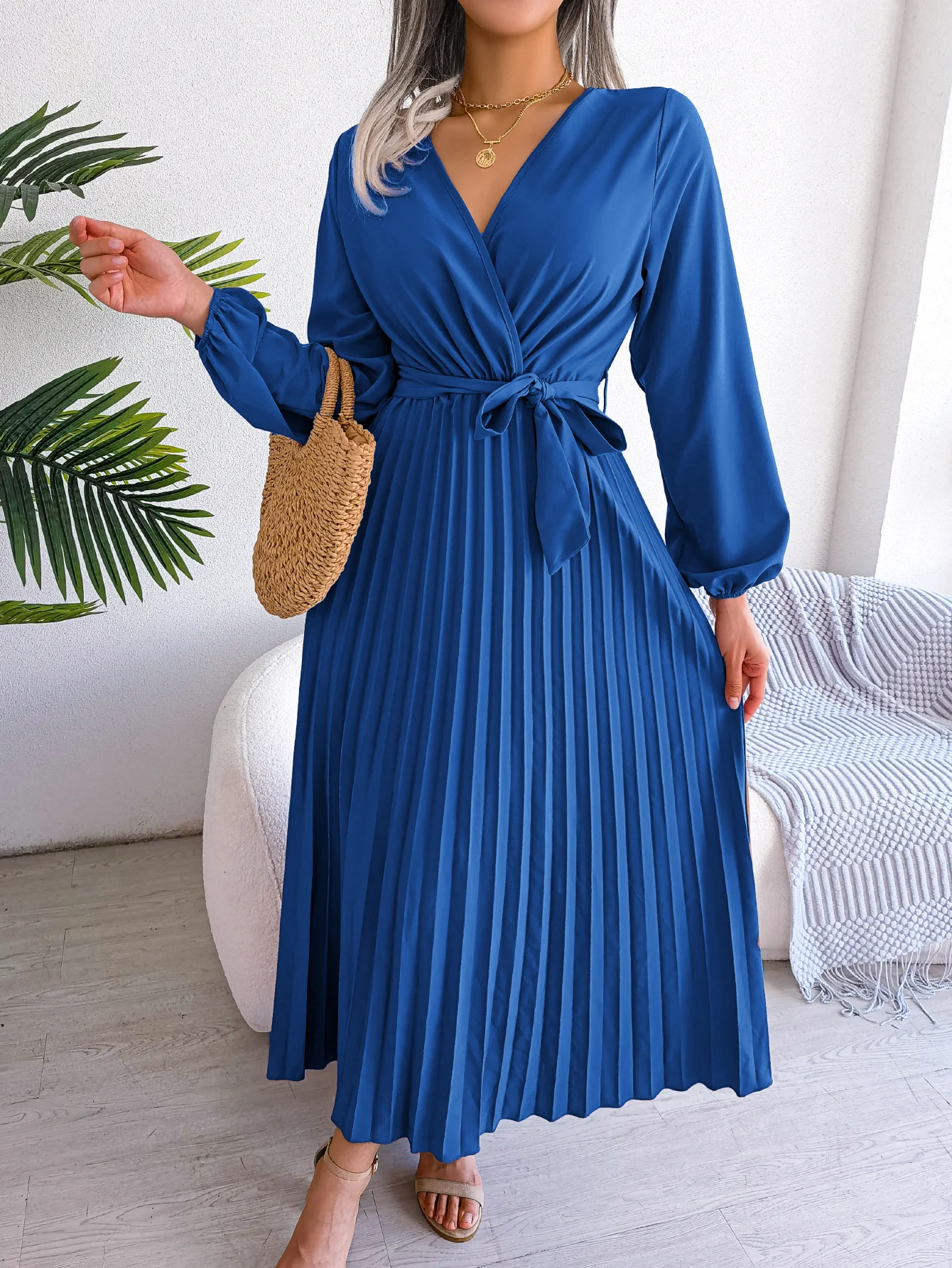 New Elegant Surplice Neck Waist Belt Long Sleeve Solid Pleated Maxi Dress For Women