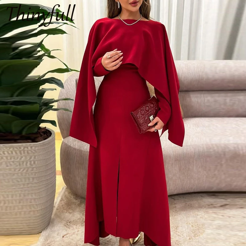 

Thinyfull A-line Arabia Prom Dresses O-neck Full Sleeves Satin Evening Party Gown Dubai Split Customized Special Occasion Dress