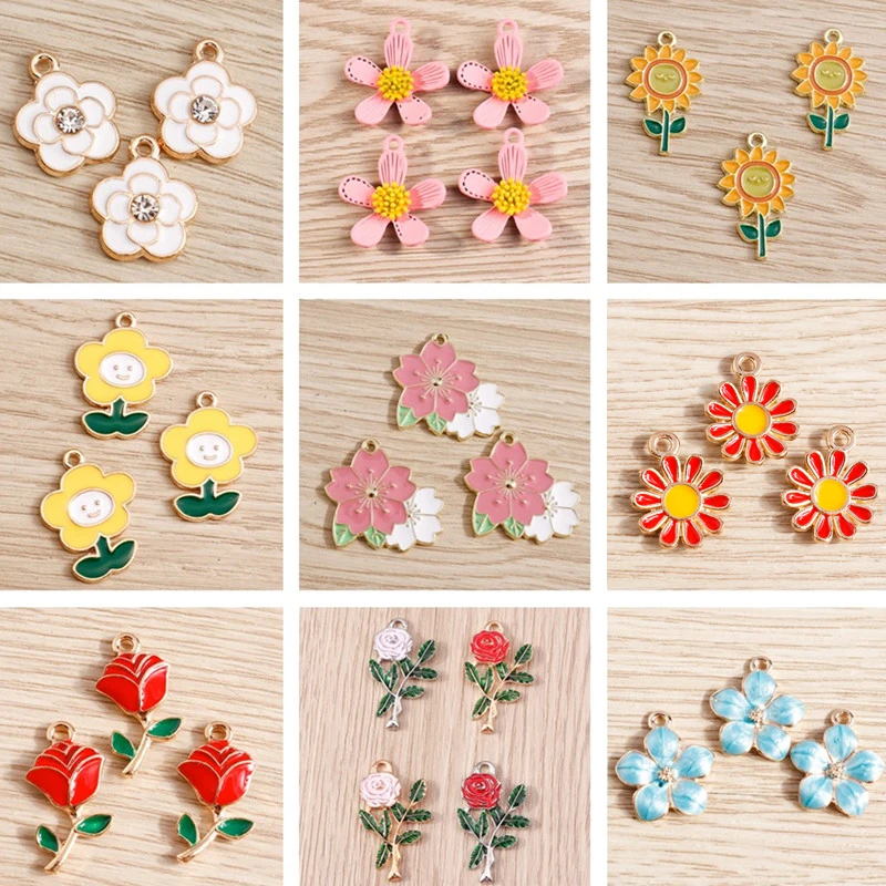 10pcs Mix Cute Flower Charms Enamel Rose Flower Sunflower Charms Pendants for Jewelry Making DIY Necklaces Earrings Crafts Gifts