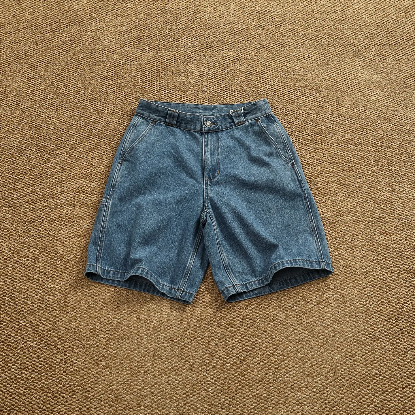 

Summer new American workwear style denim shorts, loose straight mid-pants, multi-pocket retro design shorts for men
