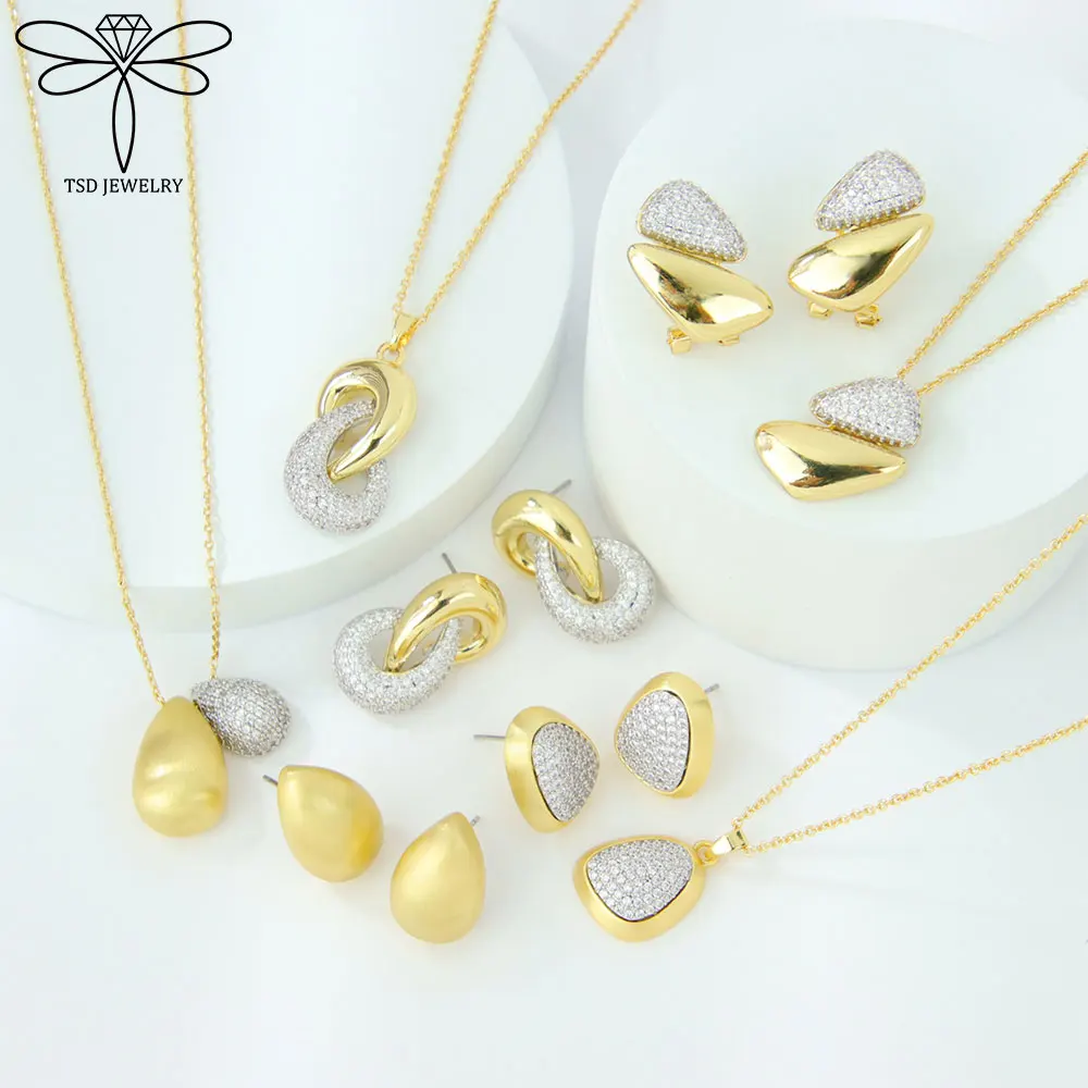 

European Fashion Jewelry Set 14k Non Fading Geometric Zirconia Necklace Earrings Italian Women Temperament Party Jewelrys