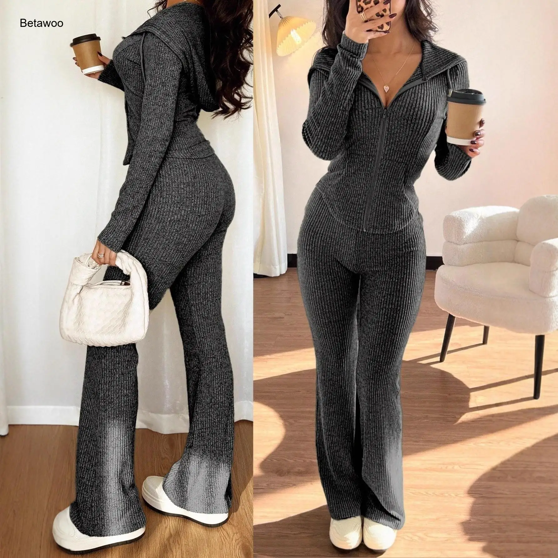 Women Solid Gray Textured Knit Hoodie Slim Flare Leg Pants Casual Loungewear Two Piece Set