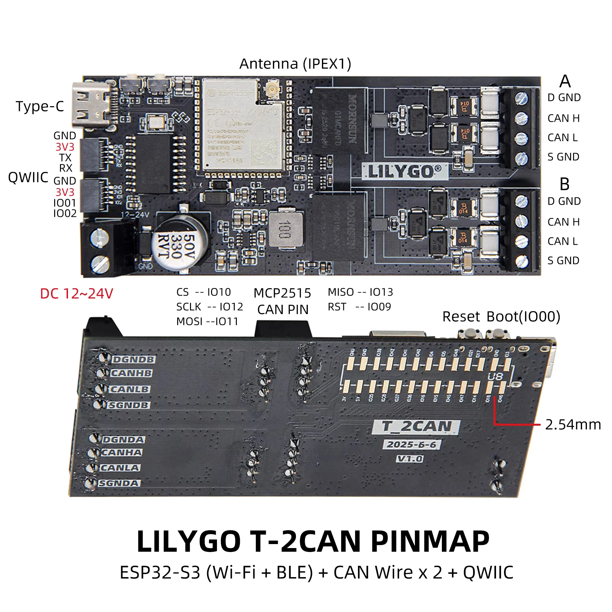 LILYGO® T-2CAN ESP32-S3 WiFi Bluetooth CAN Module Development Board with QWIIC