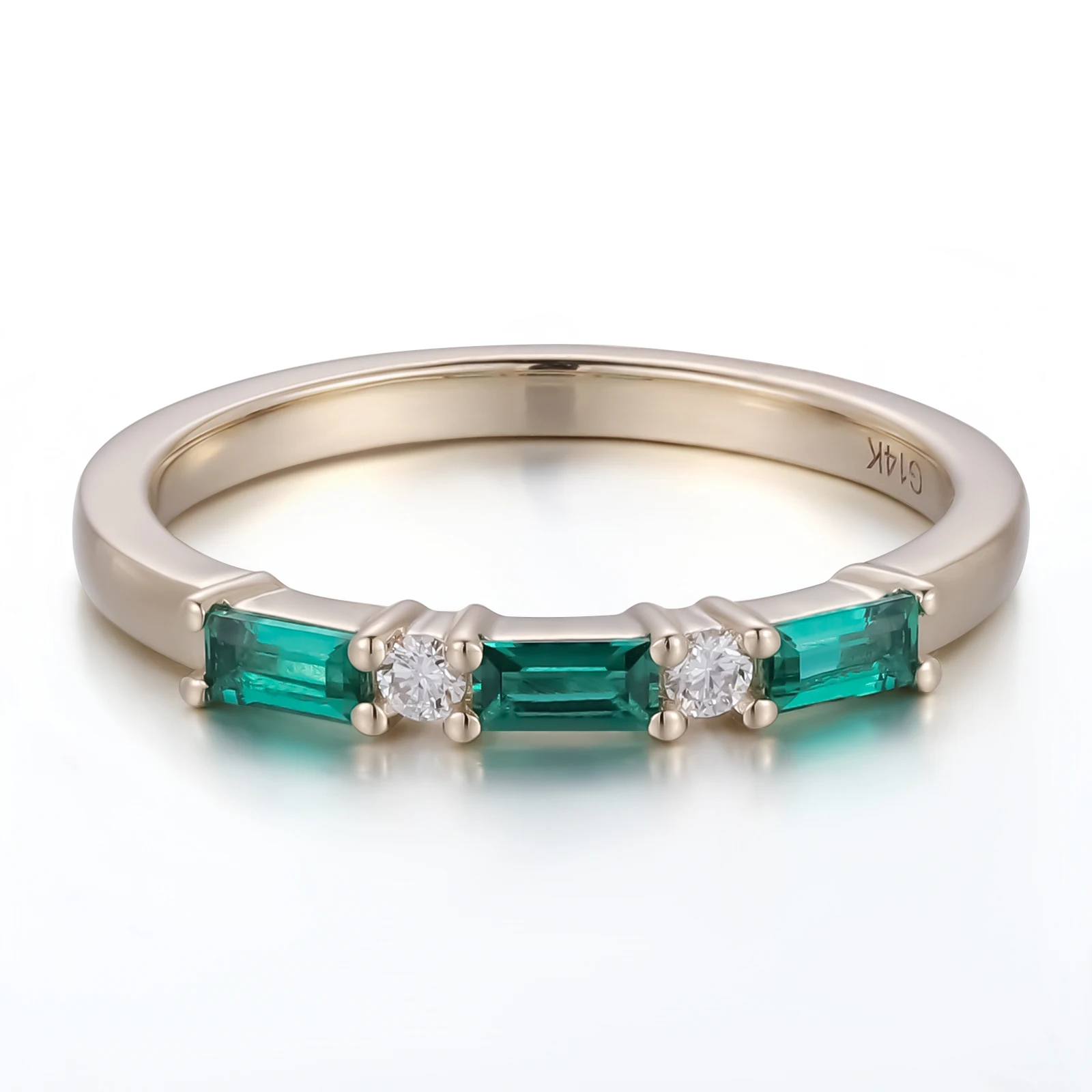 

Provence 14K Yellow Gold Stackable Band With 2*4mm Baguette Lab Emerald and Round Moissanite Diamonds For Women Matching Band