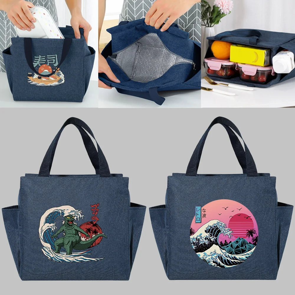 

Insulated Lunch Bag for Women's Cooler Bag Thermal Bag Portable Lunch Box Ice Pack Wave Print Tote Food Picnic Bags Dinner Packs