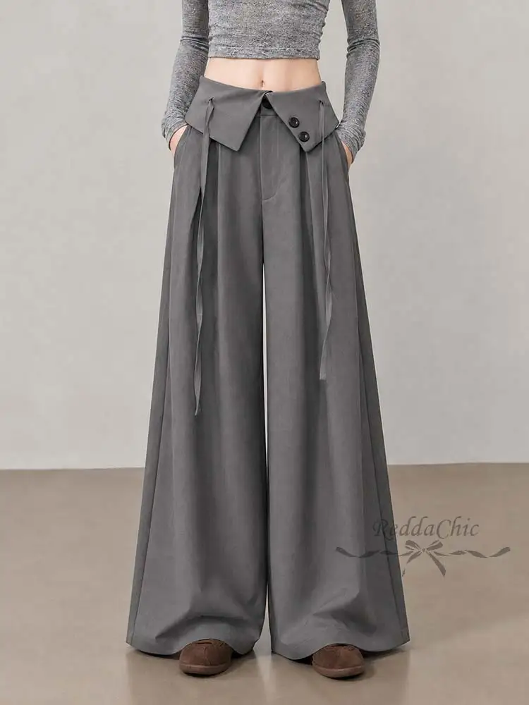 REDDACHiC Fold Over Waist Women Dress Pants Office Gray Loose Pleat Front Cleanfit Wide Leg Suit Pants Versatrile Everyday Wear