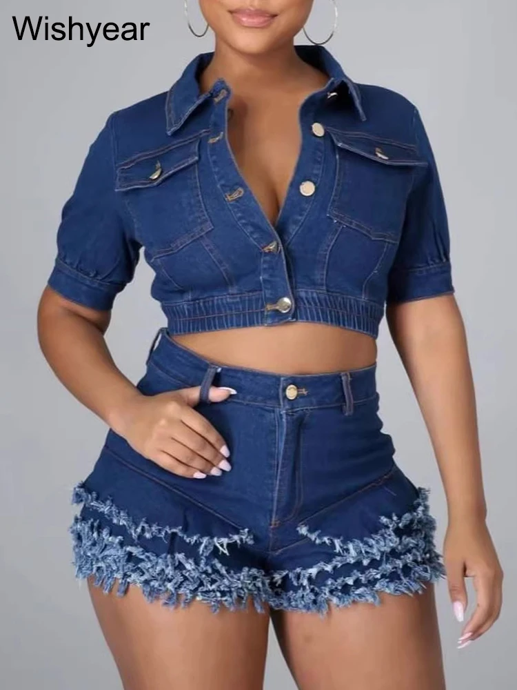

Fashion Short Sleeve Jacket Crop Top And Ripped Tassel Shorts Stretch Denim 2-Piece Set for Women Holiday Party Club Jean Outfit