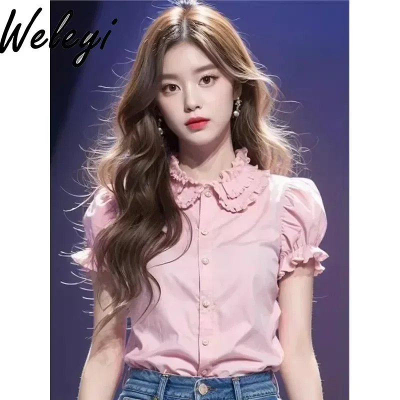 

American Fashion Women's Pink Shirt 2024 Summer New Doll Collar Bubble Sleeve Top This Year's Popular Beautiful Versatile Shirts