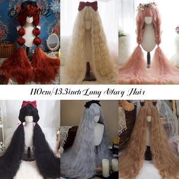 110cm Długie Falowane Włosy Syntetyczne Peruki Kobiece Czerwone Brązowe Coaplay Lolita Peruka Z Grzywką Naturalne Włosy Peruki Kobiety Włókno Odporne Na Ciepło