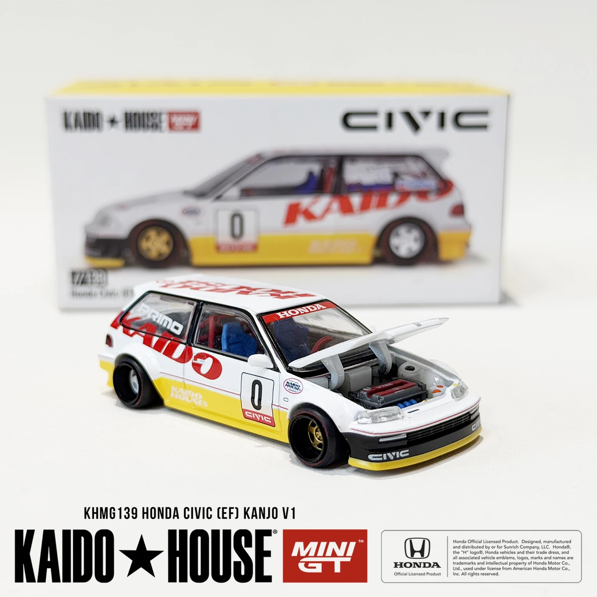 In Stock KHMG139 1:64 Kaido House Honda Civic EF Kanjo V1 White Yellow #0 Livery Openable Hood JDM Diecast Car Model In Stock