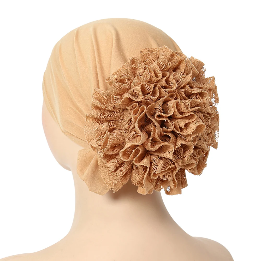 Turbante Cor Pura para Mulheres, Seda Leite, Chapéu Flor, Lenço Respirável, Gorro Árabe, Envoltório Cabeça, Hijabs Muçulmanos, Flor de Renda, Novo