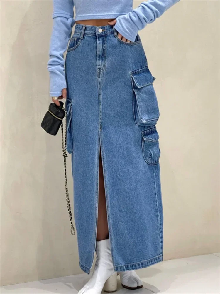 REALEFT วินเทจสูงเอวด้านหน้าแยกผู้หญิง Cargo DENIM กระโปรง 2024 ฤดูใบไม้ผลิฤดูร้อนใหม่แฟชั่นกางเกงยีนส์ A-Line กระโปรงหญิง