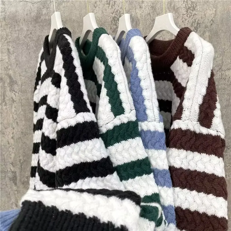 

Autumn Winter Large Size Men's round Ne Knitted Sweater Stripe Loose Fit Color Blo Overhead Baseball Collar Diamond Pattern