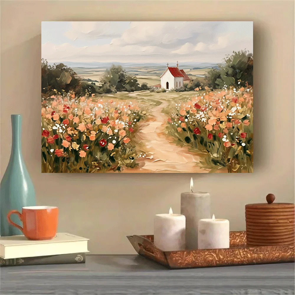 1PC-Unframed Canvas poster wall decoration  Flower Field Path To Small Church Landscape Art Print