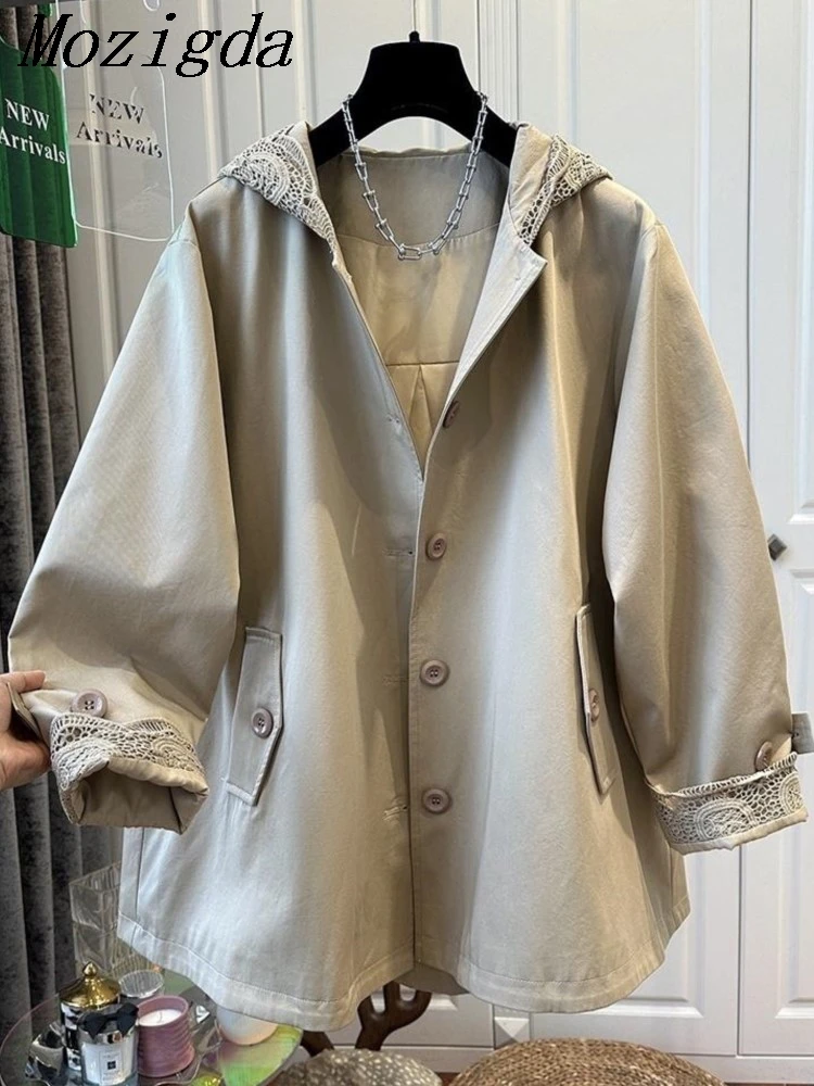 

Autumn Winter Oversize Lace Trench Coat Hooded Women Korean Loose Fashion Long Sleeve Woman Jackets Ladies Coats Tops