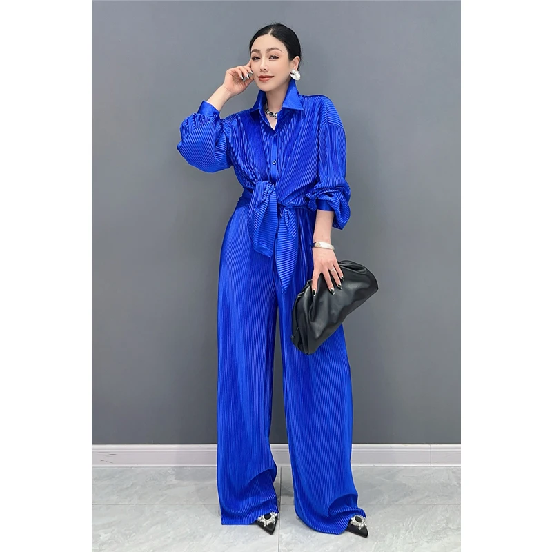 

SuperAen Spring Summer 2024 New Suit Pleated High Streak Solid Long Sleeve Shirt Wide Leg Pants Two Piece Set