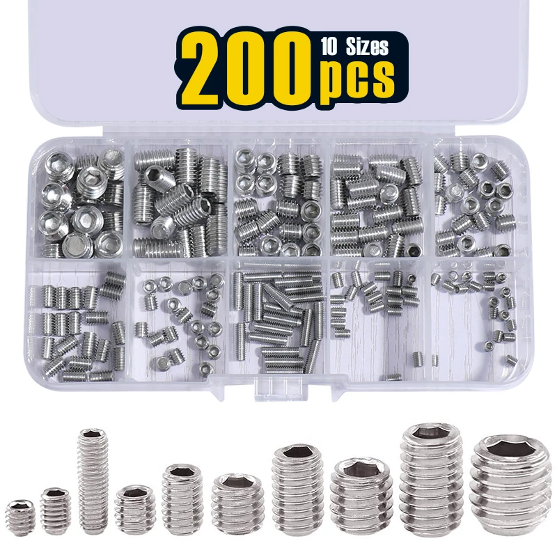 200 pcs M3 M4 M5 M6 M8 Hex Allen Head Socket Set Screw Assortment Kit (304 Stainless Steel)